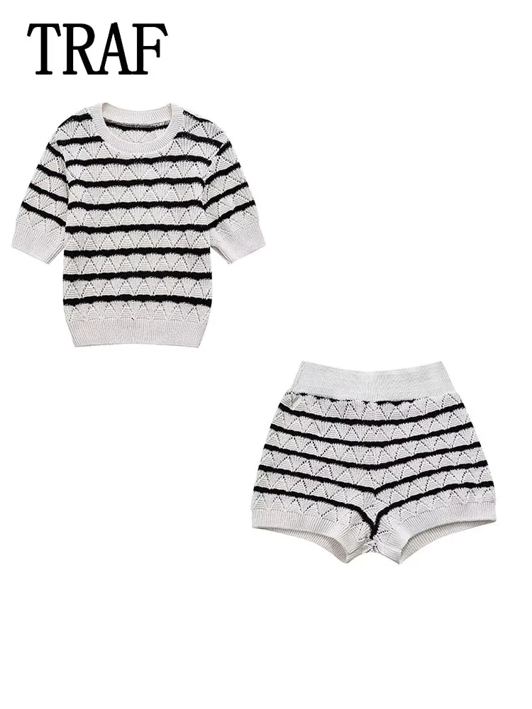 

TRAF 2024 Women Sets Fashion Stripe Knitting Top Women Suit Striped Knitted Shorts Women Sets 2 Piece Set Womens Outfits