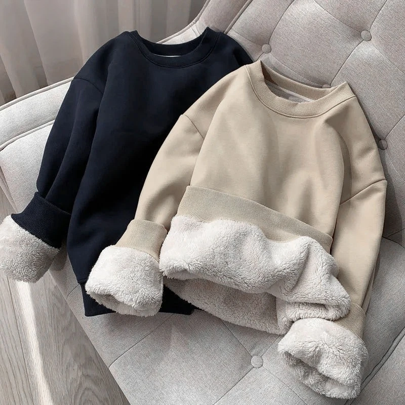 

Lamb Cashmere Hoodie Couples Thickened O-Neck Sweatshirt Autumn Winter New Harajuku Solid Long Sleeved Thickened Plush Hoodie