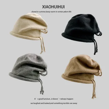 Korean Fashion Drawstring Crimped Knitted Beanies Hat Autumn and Winter Ins Retro Literature and Art Stacking Caps for Woman