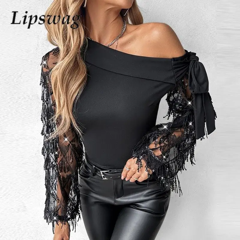 

Chic Slash Neck Lace Bow Shirt Ladies Casual Mesh Printed Splicing Long Sleeve Blouse 2024 Fashion Commuter Versatile Pullover