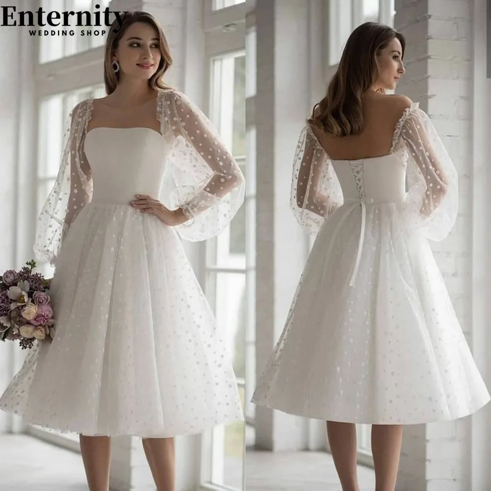 Faddish Polk Dot Puffy Sleeves Short Wedding Dress Strapless A Line Elegant Bridal Gowns Lace Up Back Simple Vestidos De Novia
Faddish Polk Dot Puffy Sleeves Short Wedding Dress Strapless A Line Elegant Bridal Gowns Lace Up Back Simple Vestidos De Novia