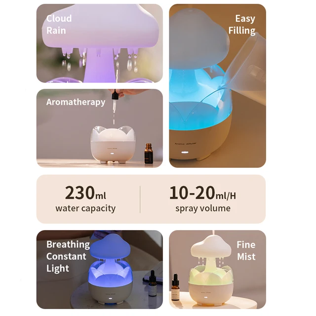 Diffuseur d'arômes électrique pour chambre plus lente, humidificateur d'air de pluie, veilleuses colorées, distributeur d'odeurs de nuage de pluie, gouttes d'eau relaxantes, sons 2