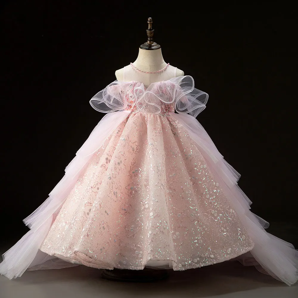 

Jill Wish Sparkly Arabic Pink Girl Dress Beaded Pearls Dubai Kids Princess Birthday Wedding Party Ball Formal Gown 2024 J047