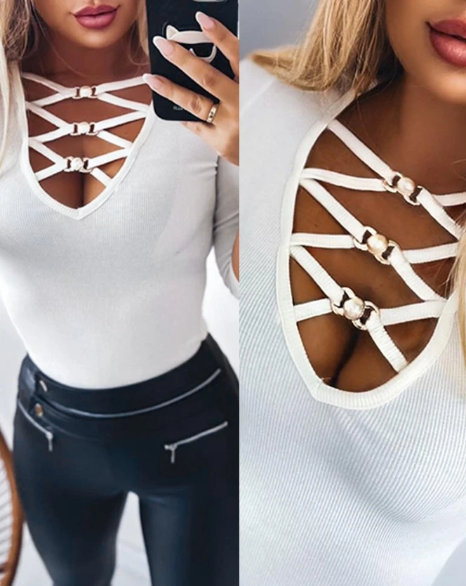 

2023 Spring Autumn New Fashion Casual Sexy Daily Temperament Commuting Pullover Tee Criss Cross Plunge Long Sleeve Top for Women