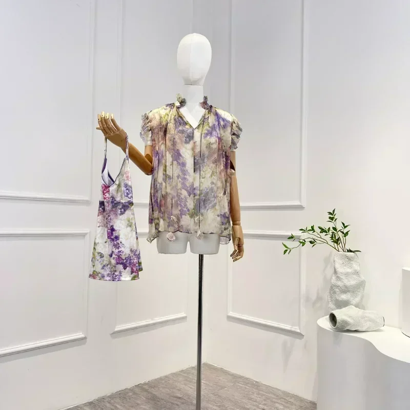 

Женская блузка с оборками и цветочным принтом, сиреневая блузка из шелка с оборками на воротнике, универсальная блузка для весны и лета, 2023