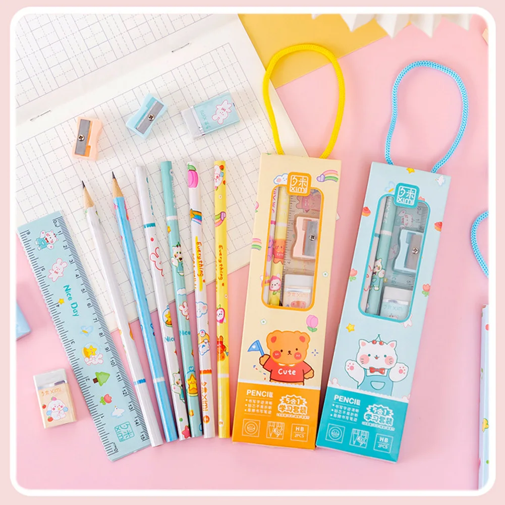 

5 in 1 Set Pencil Eraser Ruler Sharpener Kids Students Stationery Writing Primary School Supplies Student Gifts Christmas Set