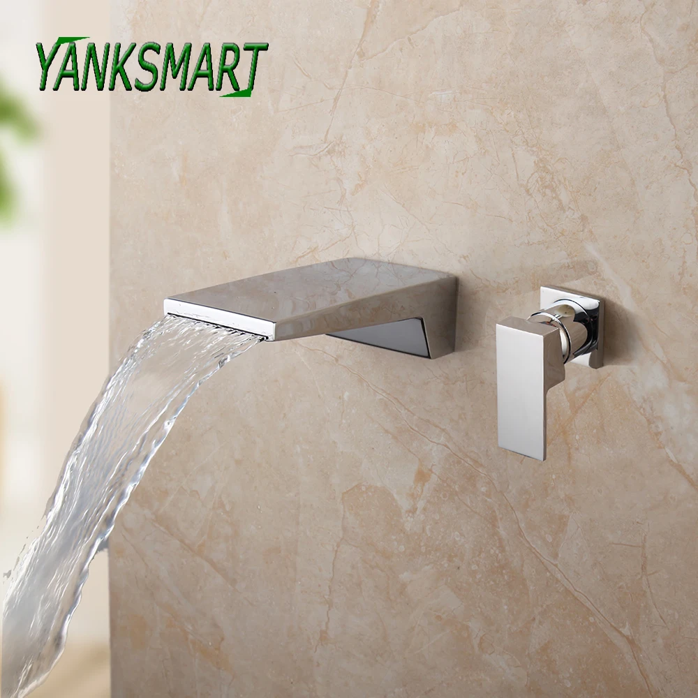 

YANKSMART Chrome Polished Bathroom Faucet Basin Sink Wall Mounted Faucets Bathtub Single Handle Waterfall Spout Mixer Water Tap