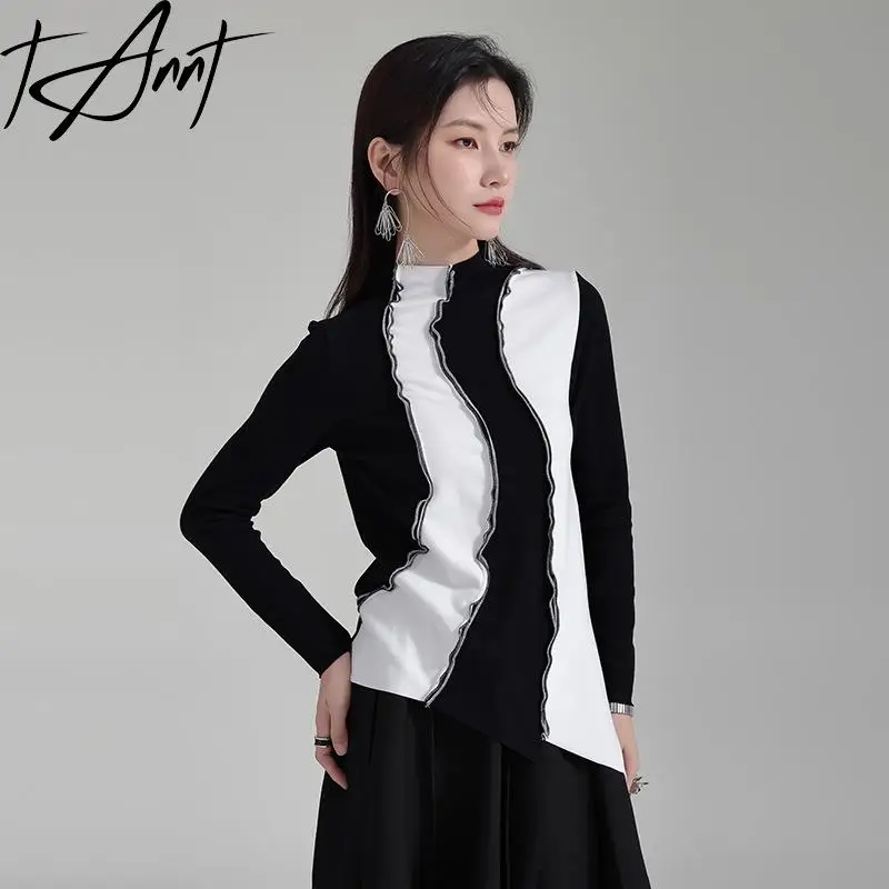 

Tannt Women T Shirt Color Matching Turtleneck T-shirt Tops Long Sleeves Irregular Black White T Shirts Women 2024 New