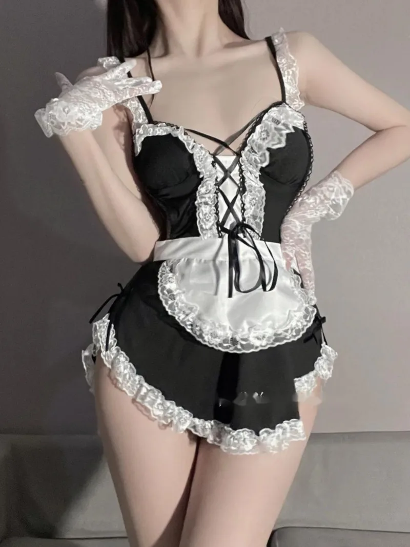 

Sexy Hanging Strap Temptation Maid Dress Lace Up Uniform Sweet Cute New Style Romantic Passion Soft Nightclub Erotic Bold 0OGY