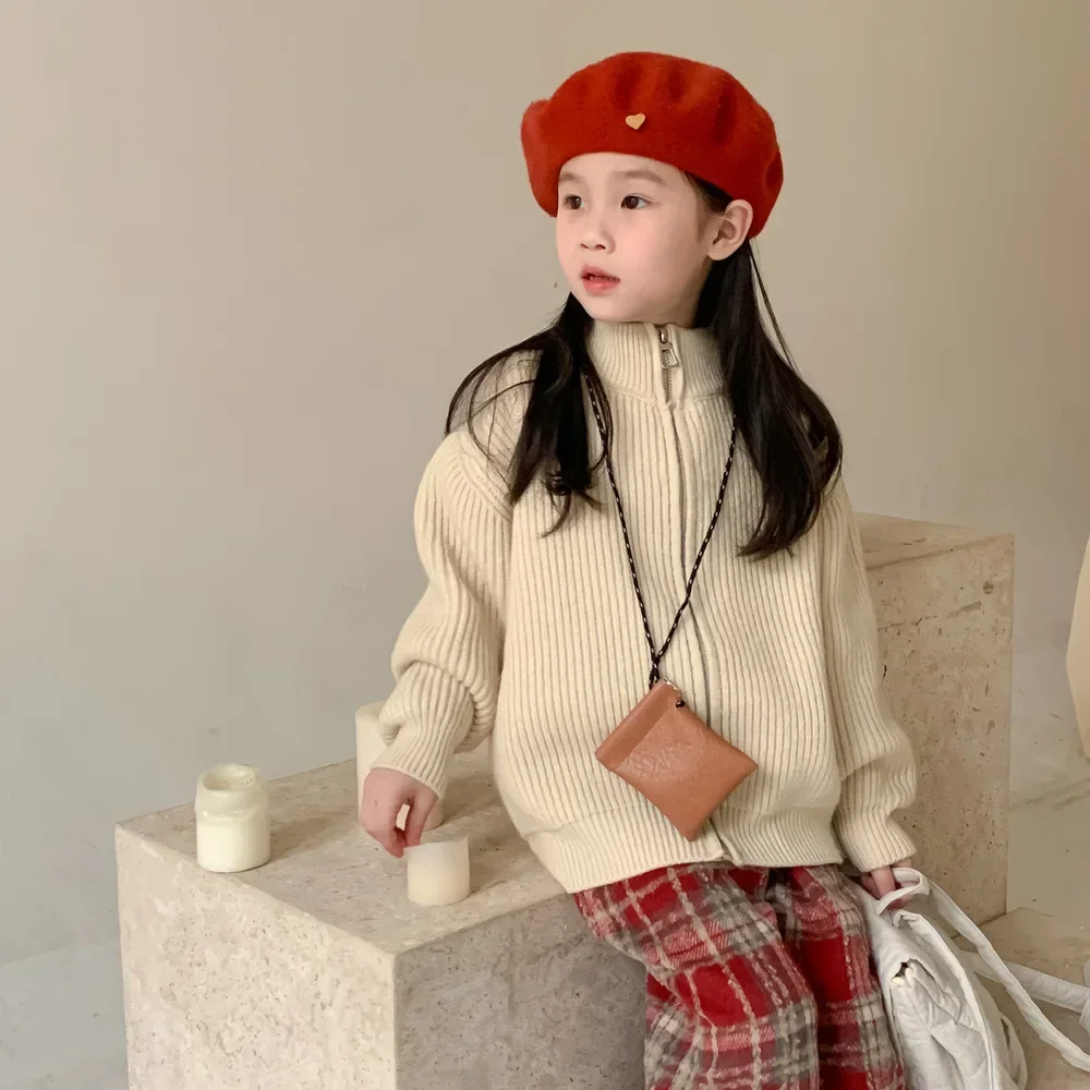 

Girls Autumn Winter solid color zipper knitted coats Boys warm knitwear Children sweater cardigans