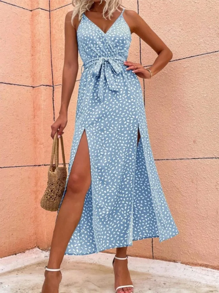

Sexy V Neck Spaghetti Strap Dress Summer Elegant Lady Polka Dot Print Spilt Slit Off Shoulder Sleeveless Dresses For Women 2023