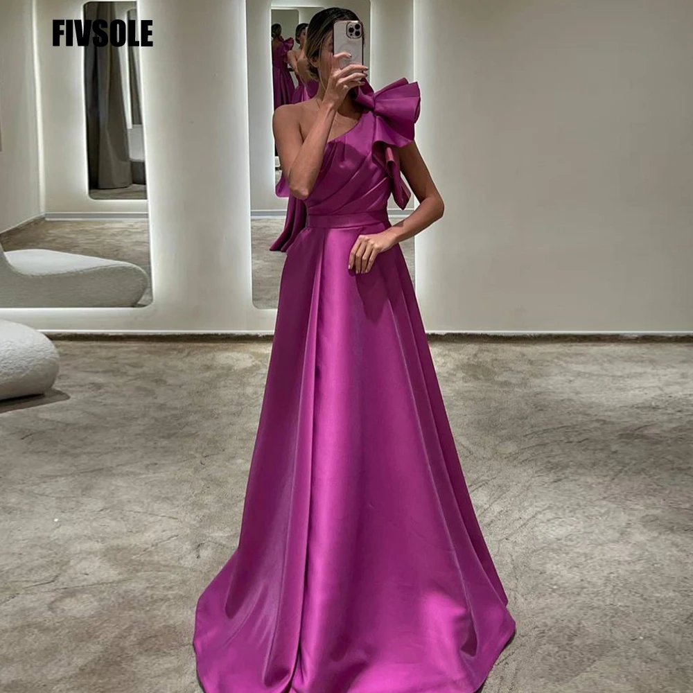 

Fivsole One Shoulder A-line Satin Evening Dresses Bow Pleat Belt Satin Formal Event Gowns Prom Dress Vintage Vestidos De Noche