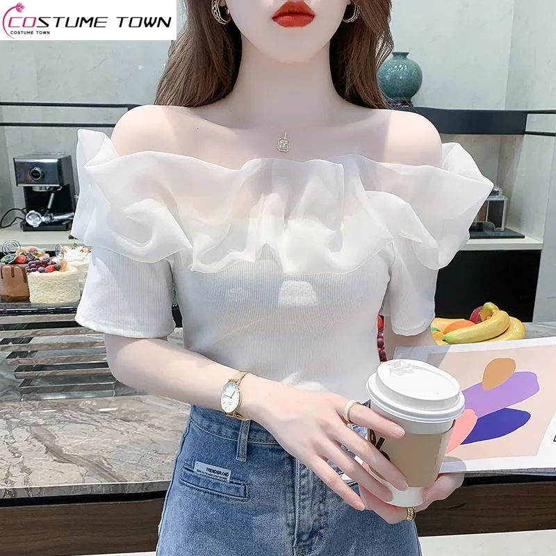 

Short Sleeved Women's 2024 New Summer Haute Couture T-shirt Design Sense Niche Sexy Exposed Collarbone One Shoulder Top