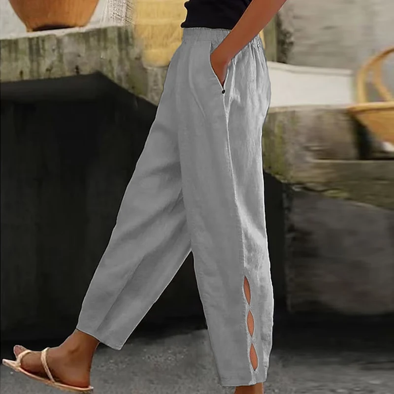 

Брюки женские хлопково-льняные свободного покроя, винтажные повседневные однотонные Пляжные штаны с эластичным поясом, с карманами, в стиле High Street, весна-осень