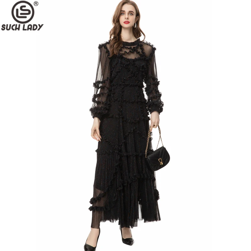 

Women's Runway Dresses O Neck Long Sleeves Ruffles Layered Elegant Maxi Designer Party Prom Gown