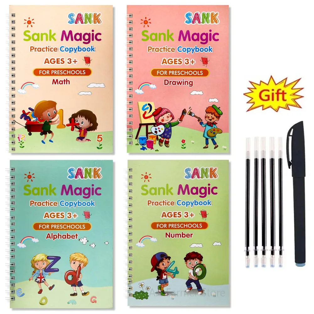 

4 Books + Pen Magic Copy Book Free Wiping Children's kids Writing Sticker Practice English Copybook For Calligraphy Montessori