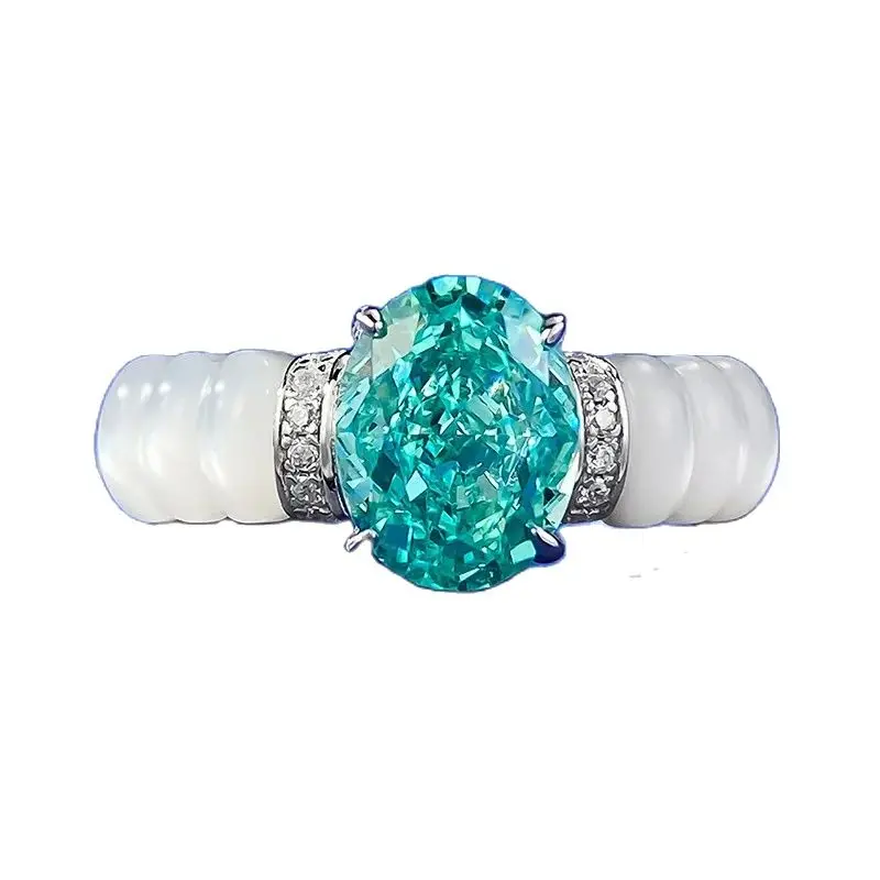 

S925 Silver Ring with White Fritillaria Inlaid 7 * 9 Paraiba High Carbon Diamond Ice Flower Cut Ring Ring