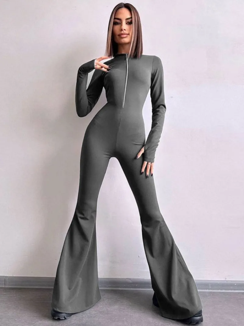 

2024 Spring Long Sleeve Zip-up Flare Pants Jumpsuits for Women Elegant O-neck High Waist Tunics Slim Overalls Female Streetwear