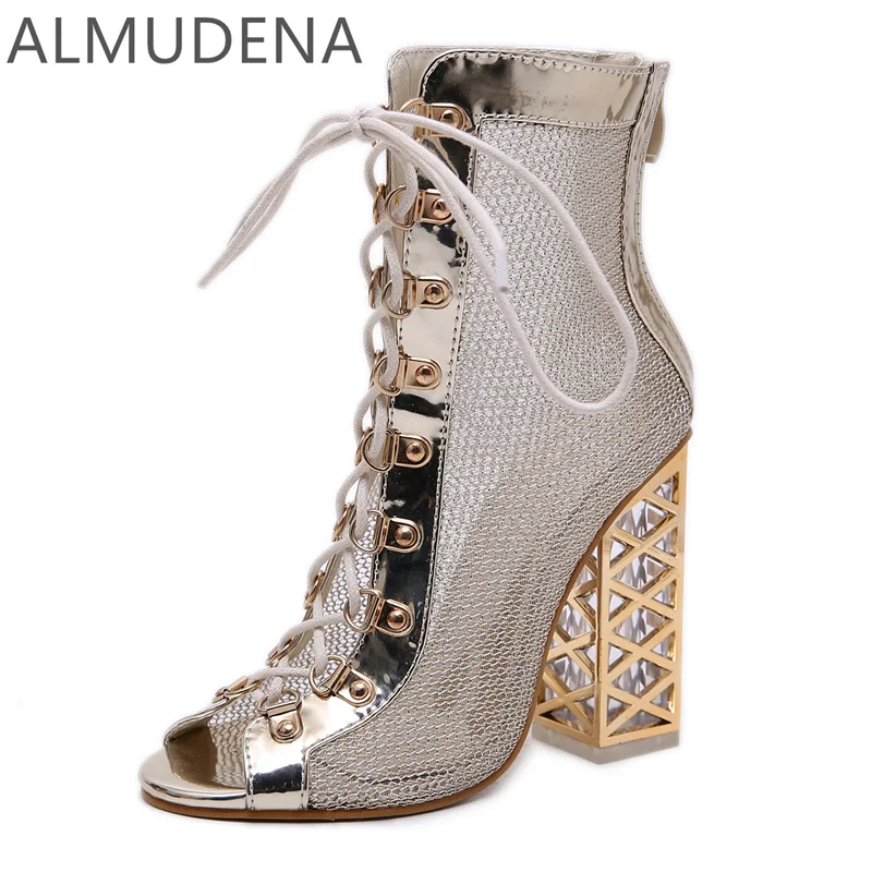 

Peep Toe Fretwork Heel Summer Women Boots Mesh Cross Tied Ankle Back Zip Shoes Mature Outside Super High Heel Summer Boots Shoes