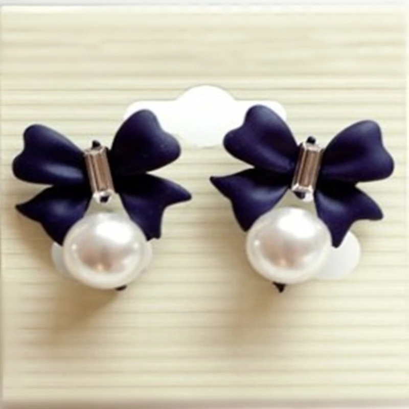 

New Fashion Vintage Simple Cheap Full Rhinestone Sweet Bowknot Imitation Pearl Stud Earrings For Women Blue Black