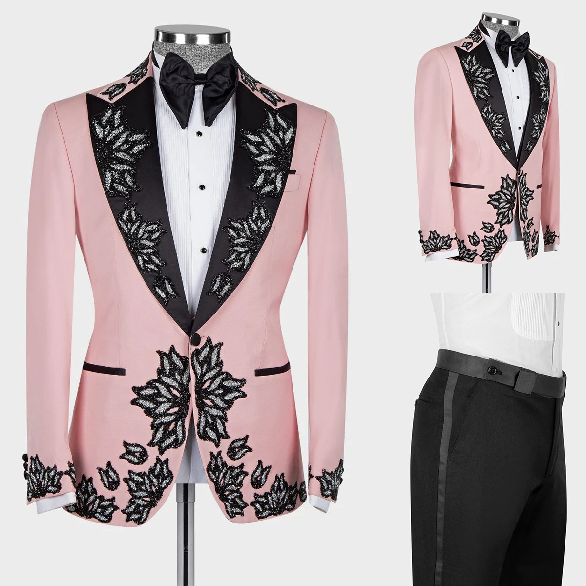 

Pink Men Suits Tuxedo Applique Sequins Shawl Lapel One Button Customized 2 Pieces Blazer Pants Tailored Party Groom Fashion