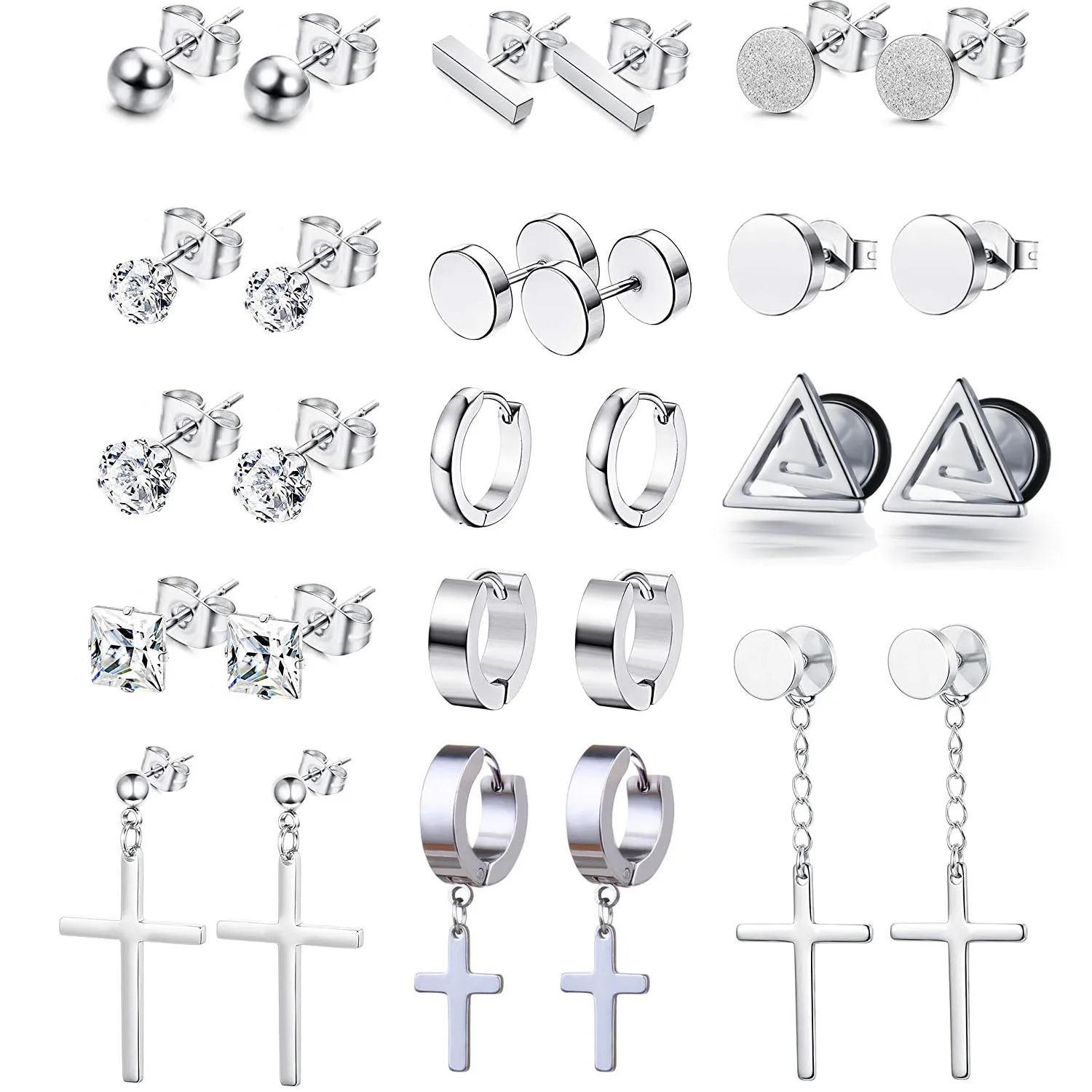 

14 Pairs Stainless Steel Dangle Hinged Cross Stud Earrings for Men Women Hoop Earrings Huggie Silver Black Tone Ear Piercing