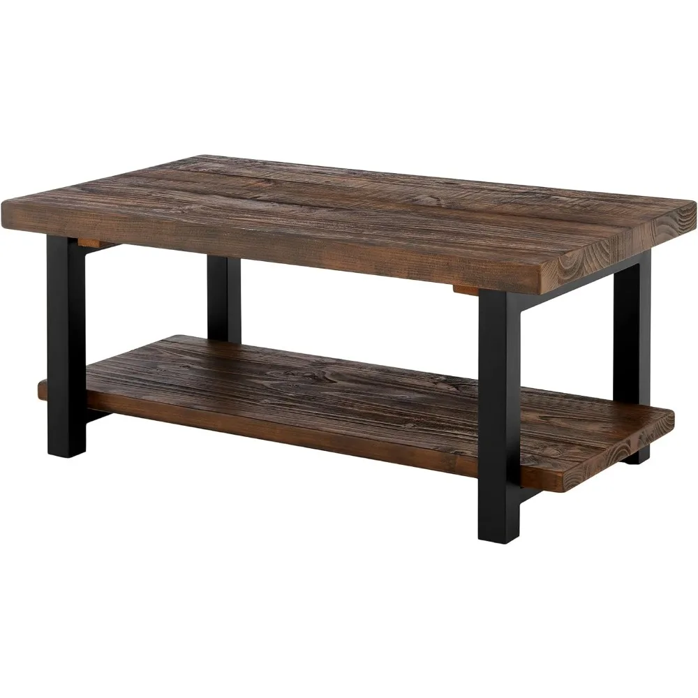 

Pomona Rustic Industrial Modern Vintage Metal and Solid Wood Coffee Table, Easy Assembly, 42 in x 24 in x 18 in ,Brown