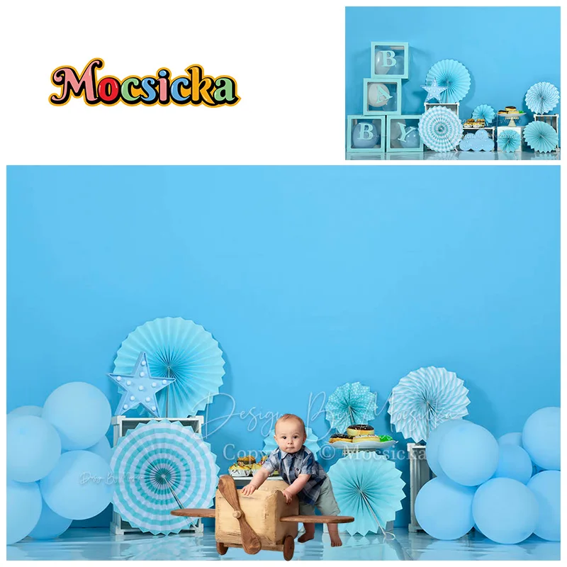 

Mocsicka Baby Show Photography Background Blue Boy Newborn Happy Birthday Party Backdrop Cake Smash Decor Banner Studio Props