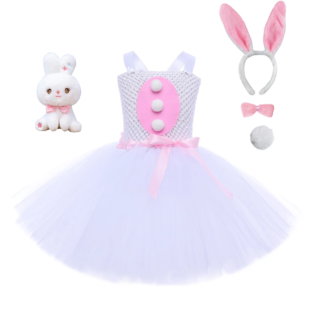 

Пасхальные костюмы белого кролика для маленьких девочек, платья на день рождения и Хэллоуин для детей, пасхальный праздничный наряд с куклой с кроличьими ушками