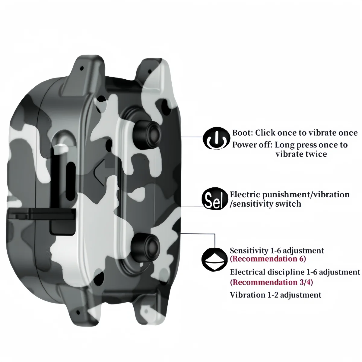 Bark Collar for Dog | Camouflage Automatic Anti Barking Dog Collar Close-up of the bark collar device showing the power button, mode selector, and sensitivity adjustment buttons for customized pet discipline.