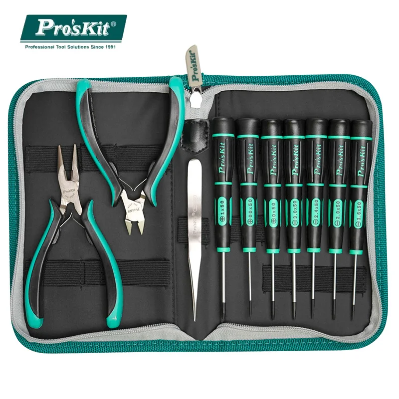 

11in1 Pro'sKit Precision Electronic Tool Kit Computer Phone DIY Repair Belt 2 Pliers 7 Screwdrivers 1 Tweezers Titanium Material