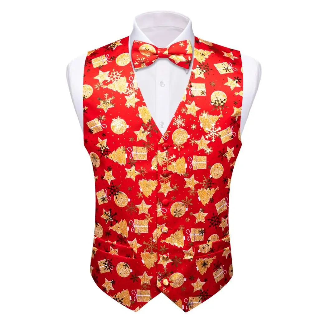 

Christmas Mens Vest Silk White Red Gold Gift Jingling Bells Snowflake Santa Claus Elk Waistcoat Tie Bowtie Set Party Barry Wang