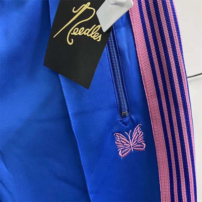 

New Fasion Blue Needles Sweatpants Men Women Best Quality Pink Stripe Butterfly Track Pants Narrow AWGE Trousers