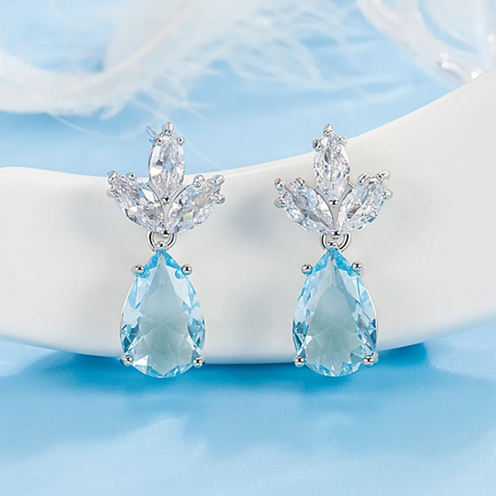 

Classical Chic Blue Crystal Topaz Gemstones Drop Clover Earrings for Women 18k White Gold Filled Jewelry Dress Party Accessories