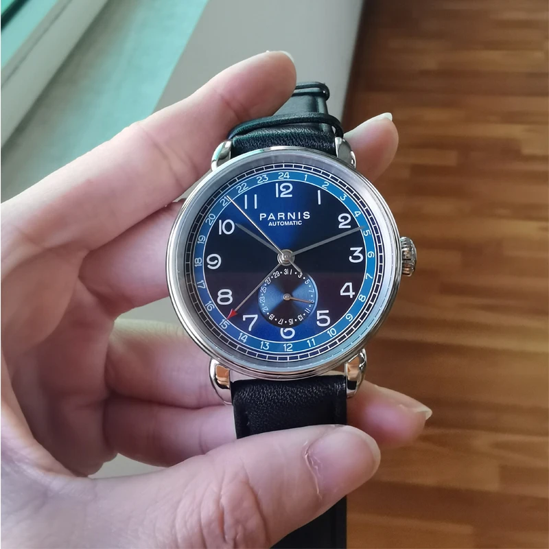 

Fashion Parnis 42mm Blue Dial GMT Automatic Mechanical Mens Watch Leather Band Calendar Relojes Para Hombre Marca De Lujo 2024