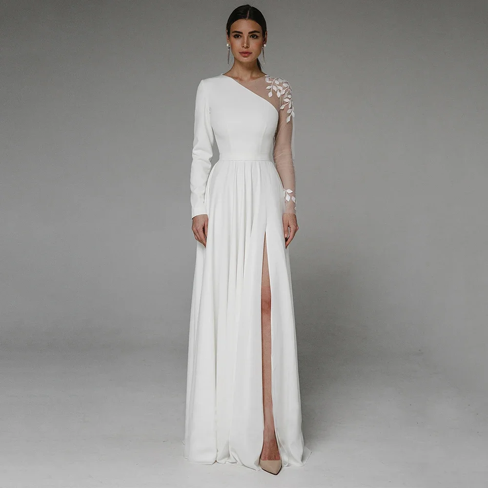 

Unique Wedding Dresses Long Sleeves Civil Bridal Gowns Party For Bride Button Appliques Floor Length Side Slit Свадебное платье