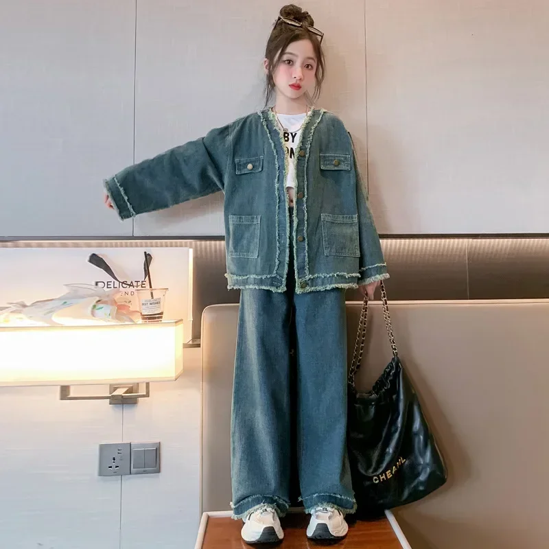 

2023 Korean Spring Autumn Junior Girl Denim Suit Teenager Girl Denim Cardigan+Denim Wide-leg Pants Child Casual Sets 4-12Years