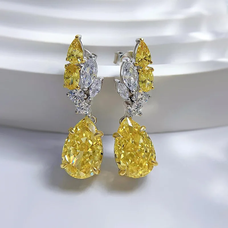 

S925 Silver 8 * 12 Pear shaped Yellow Diamond Radian Droplet Earrings, Wholesale of Advanced Ear Accessories