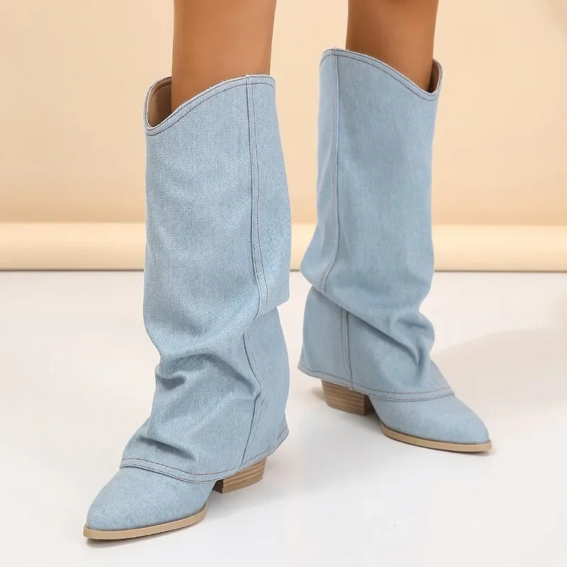 

Брендовые дизайнерские женские ковбойские ботинки с острым носком, модные джинсовые ботинки на массивном каблуке, женские ботинки из коровьей кожи, Женская однотонная Винтажная обувь