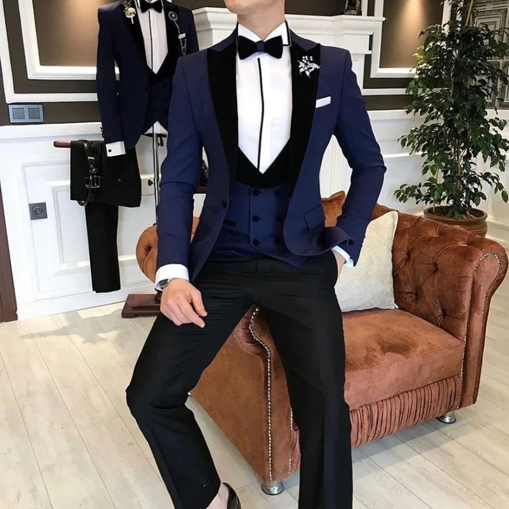 

Dark Blue Men Suit Groom Tuxedo Wedding Costume Homme Marriage Terno Black Peak Lapel Masculino Slim Fit 3 Pieces Blazer