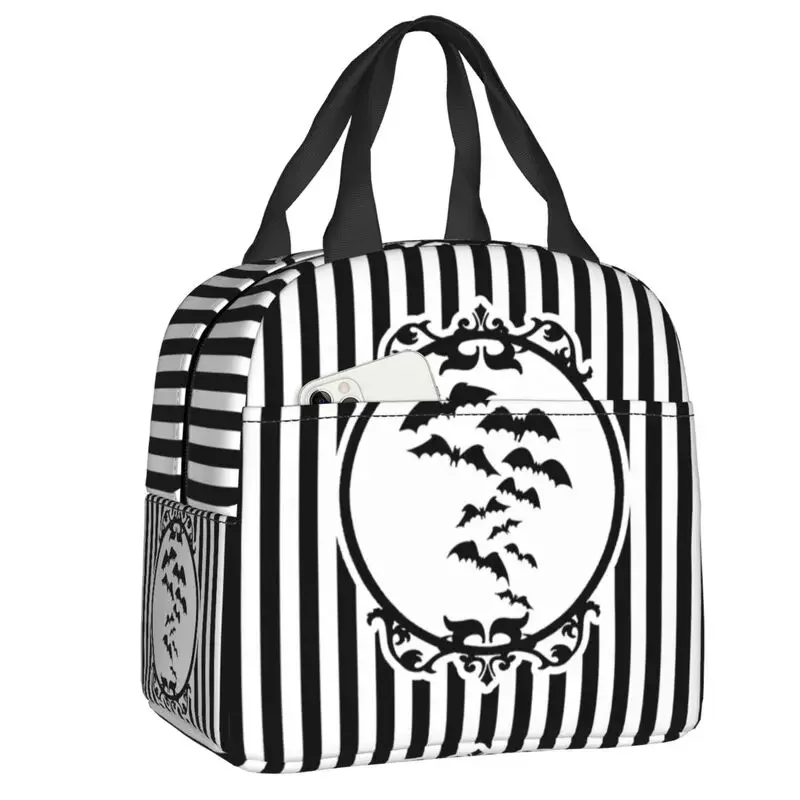 

Halloween Bats Stripes Thermal Insulated Lunch Bag Women Goth Witch Lunch Container for Kids School Storage Food Bento Box