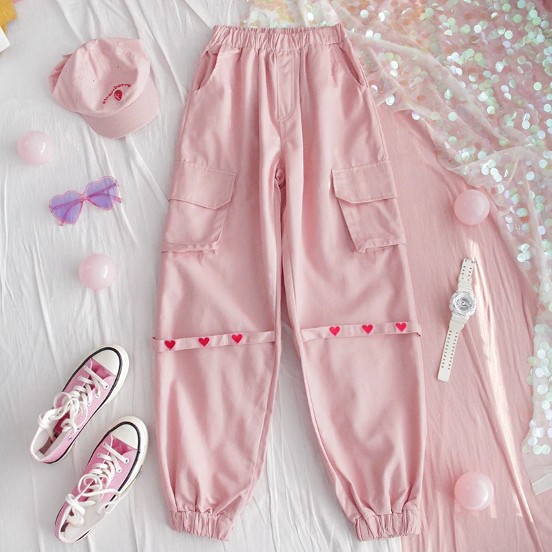 

Spring Summer Women Heart Embroidery Trousers Harajuku Kawaii Cargo Pants New Gothic Beam Feet Overalls Female Korean Casual