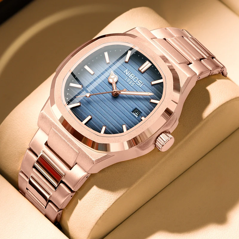 

Часы наручные NIBOSI Мужские кварцевые, модные водонепроницаемые Роскошные светящиеся в розовом и золотом цвете, с квадратным циферблатом, с датой, из нержавеющей стали