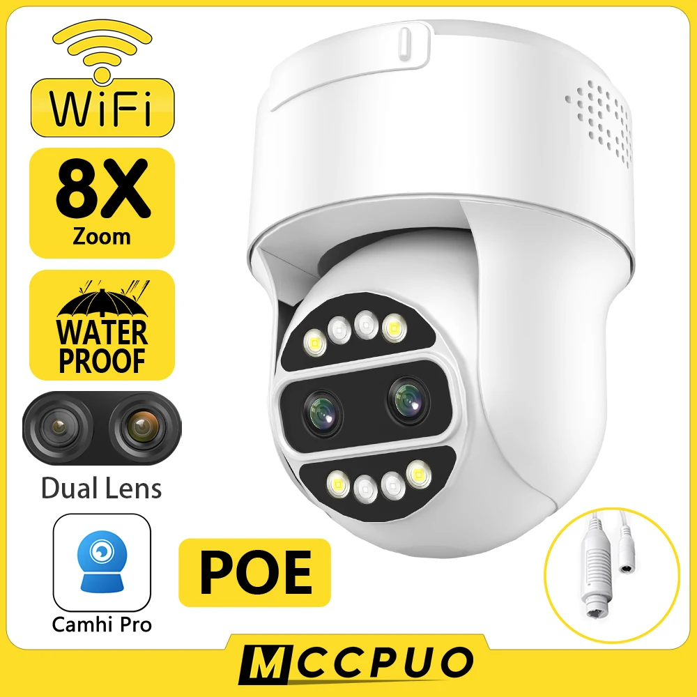 

IP-камера Mccpuo с двойным объективом, Wi-Fi, PTZ, POE, 4 МП, 8-кратный зум, AI-датчик присутствия, NVR, камера видеонаблюдения, профессиональная
