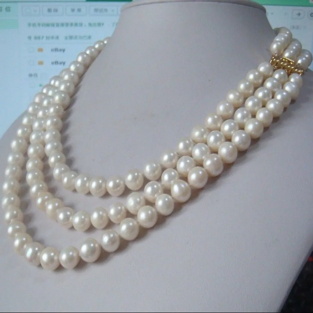 

Hand knotted 3 rows necklace natural 7-8mm white freshwater pearl sweater chain nearly round pearl 17-19inch