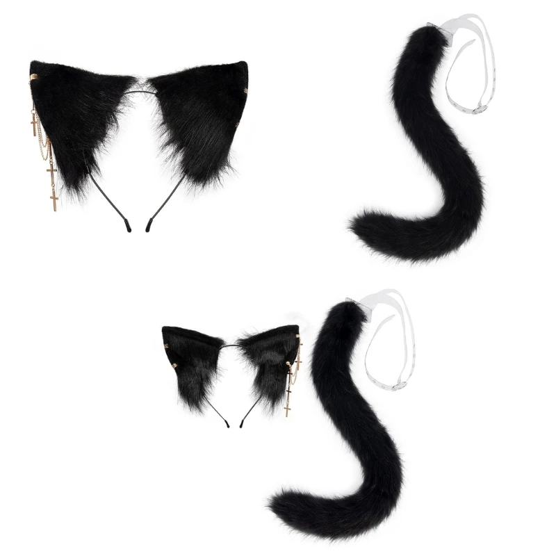 

Косплей Костюм Лисы Кошка с кошачьими ушками, хвостом для Хэллоуина, повязка на голову с кошачьими ушками, хвост