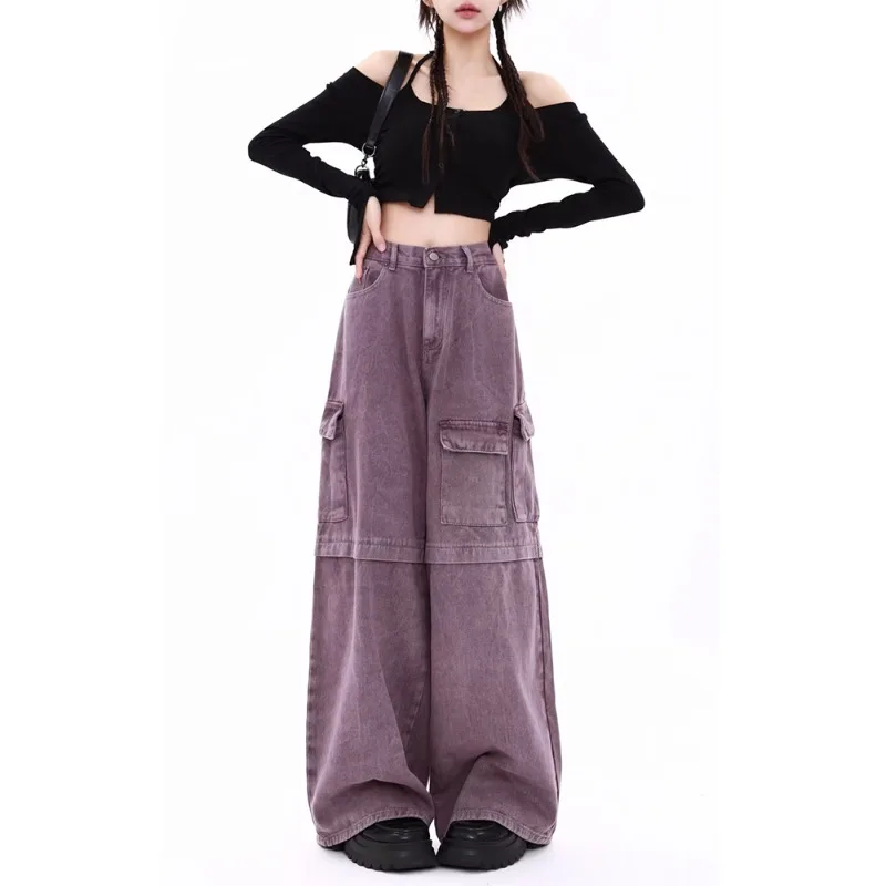 

DAYIFUN Purple Workwear Pants Lady Simple Artistic Japanese High Waisted Trousers Versatile Women's New Harajuku Casual Jeans