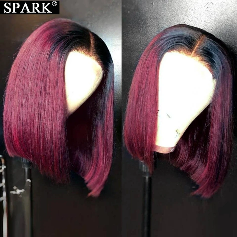 

Burgundy 1B/99J Short Straight Bob Brazilian Human Hair 13x4 Lace Frontal 4x4 Lace Closure Pre Plucked T Part Lace Wig Remy Hair