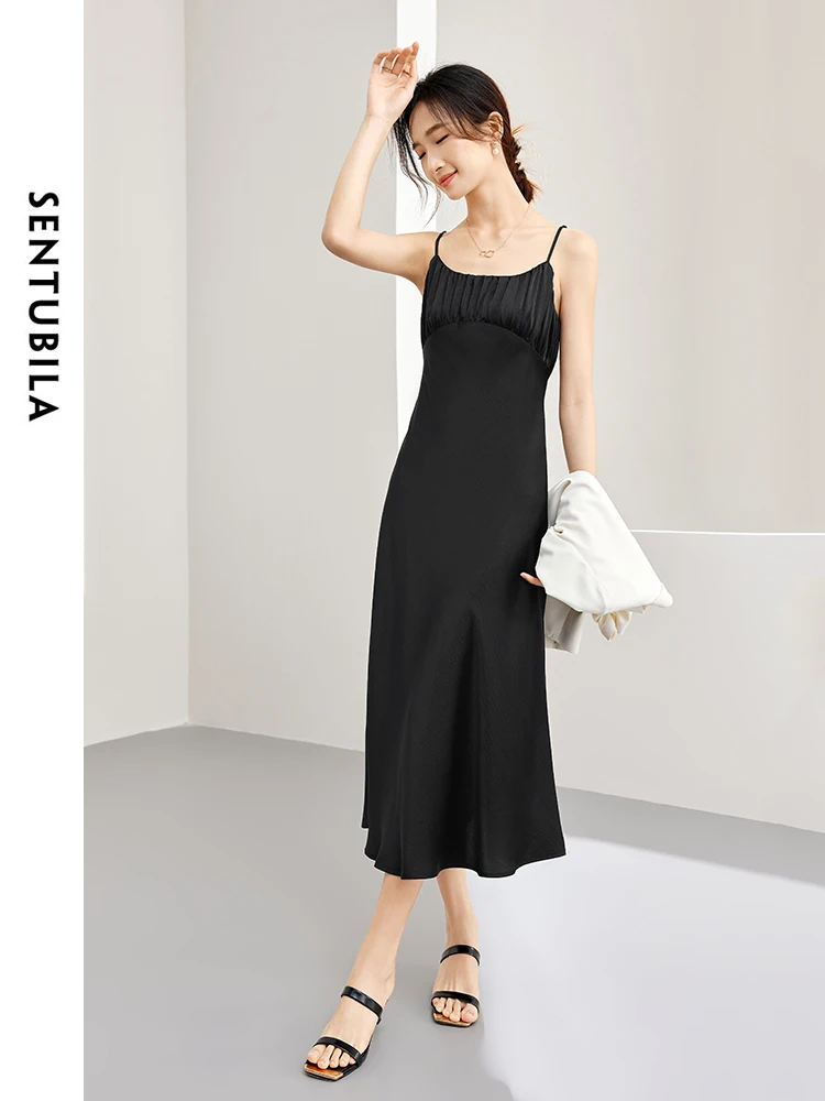 

SENTUBILA Sexy Black Slash Neck Folds Camisole Dress 2024 Summer Solid Pullover Backless Straight Sleeveless Dresses 141L53658