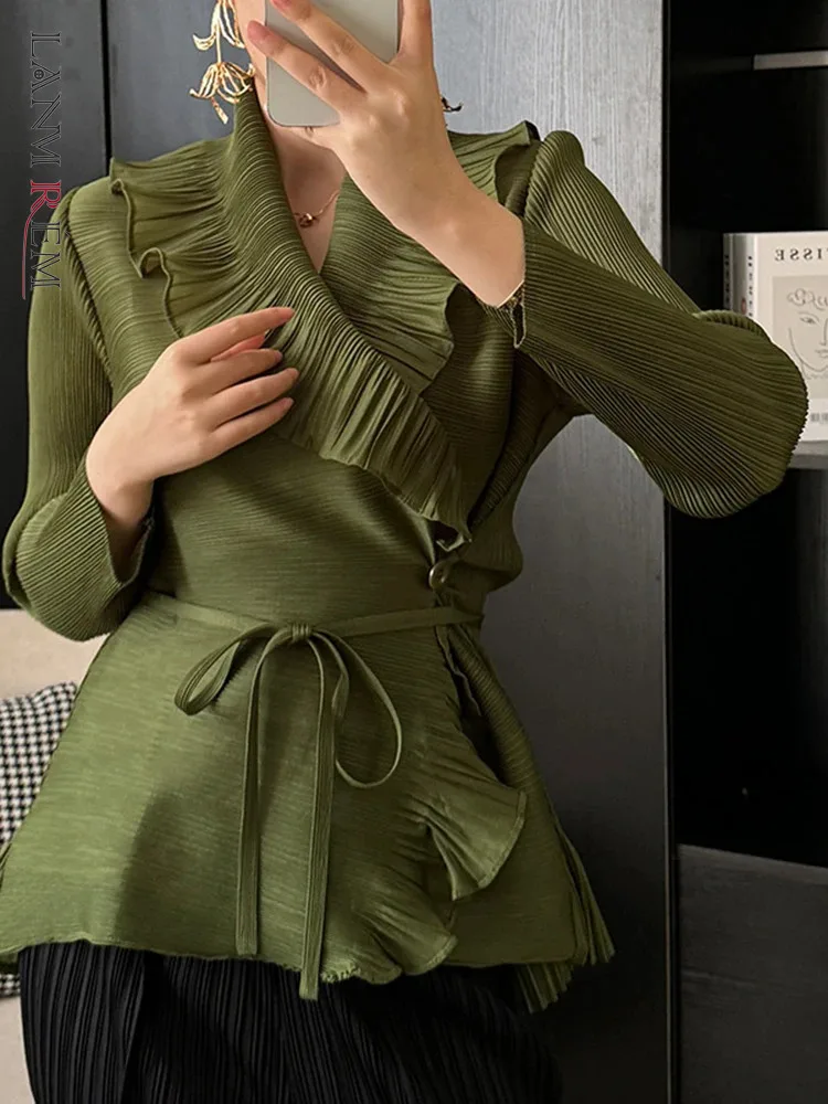 

LANMREM Designer Pleated Shirt For Women Long Sleeves Ruffles Belt Waist Solid Color Female Chic Top 2024 Spring New 2DA3800